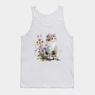 Cute Kitten surrounded with wild flowers. Watercolor Art of Cat Tank Top